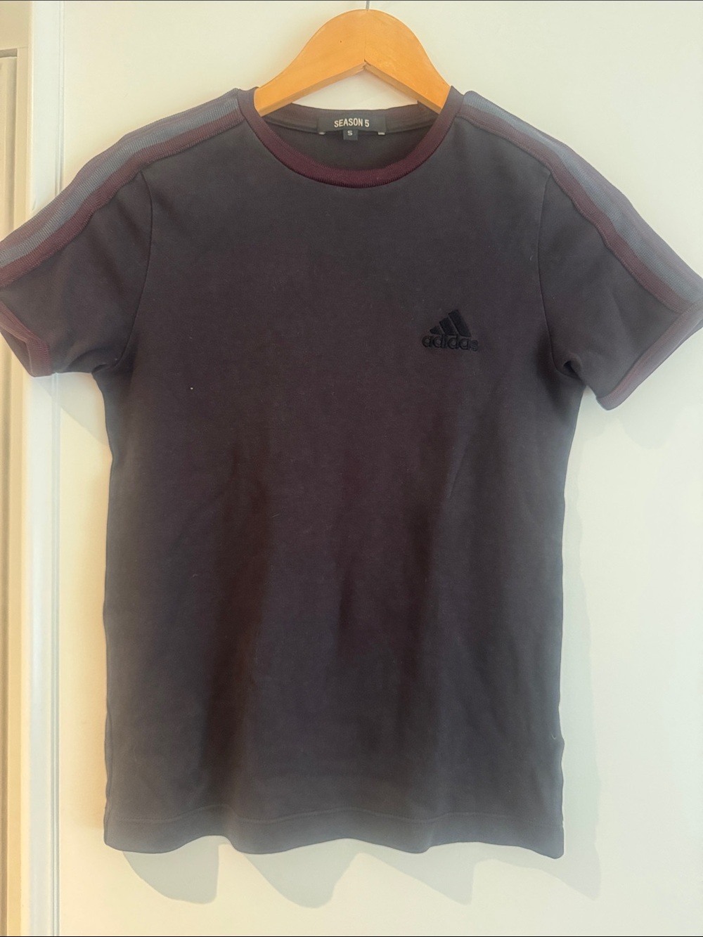 Yeezy Season 5 Adidas Crew Neck T-Shirt in Dark Gray with Maroon Trim